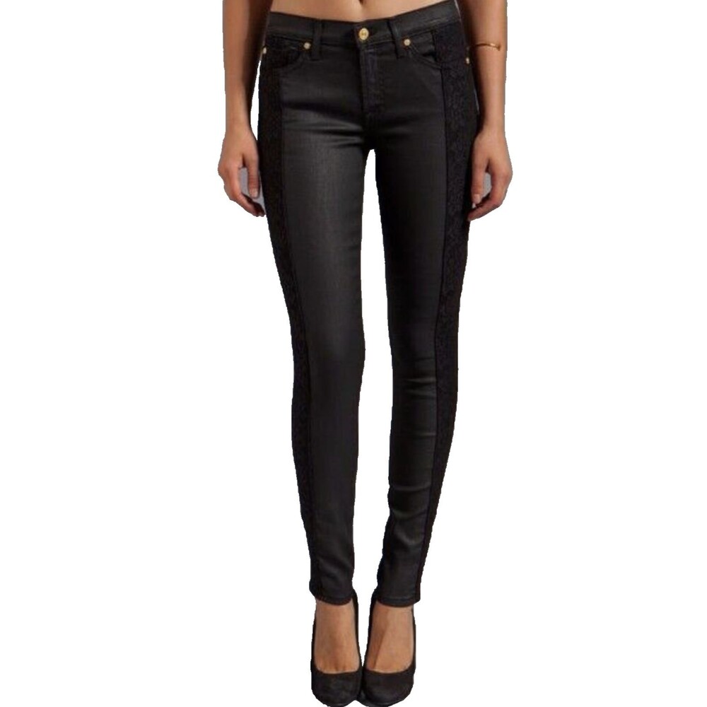 7 For All Mankind Women 28 Black Waxed Skinny Jeans Stretch Lace Panel Moto Pant